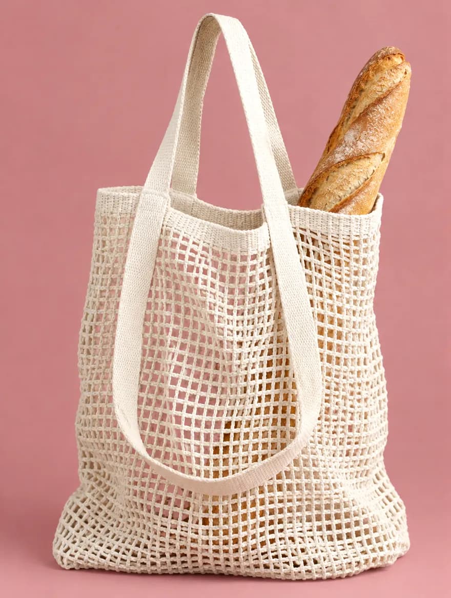 A large natural cotton loose-weave market tote with a baguette inside
