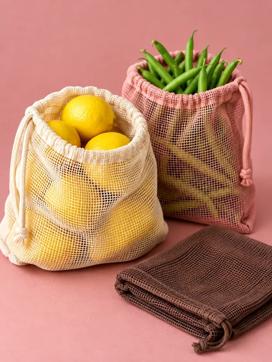 Three fine cotton mesh produce bags holding lemons and green beans